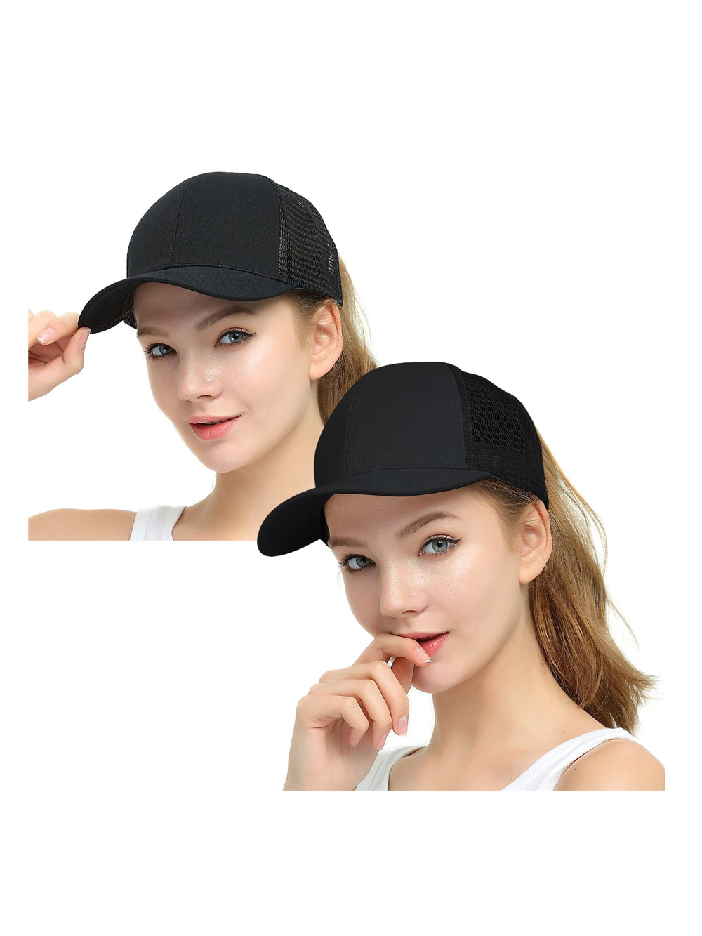 Womens High Ponytail Messy Bun Baseball Caps | 2 Hats, Black Mesh | Size OS